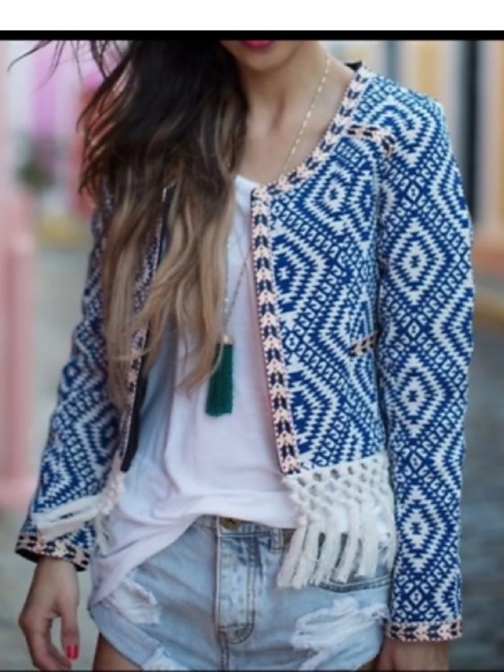 Tularosa Santa Fe Fringe Navy and Cream Geometric Jacket in Diamondback size XS - Picture 8 of 9